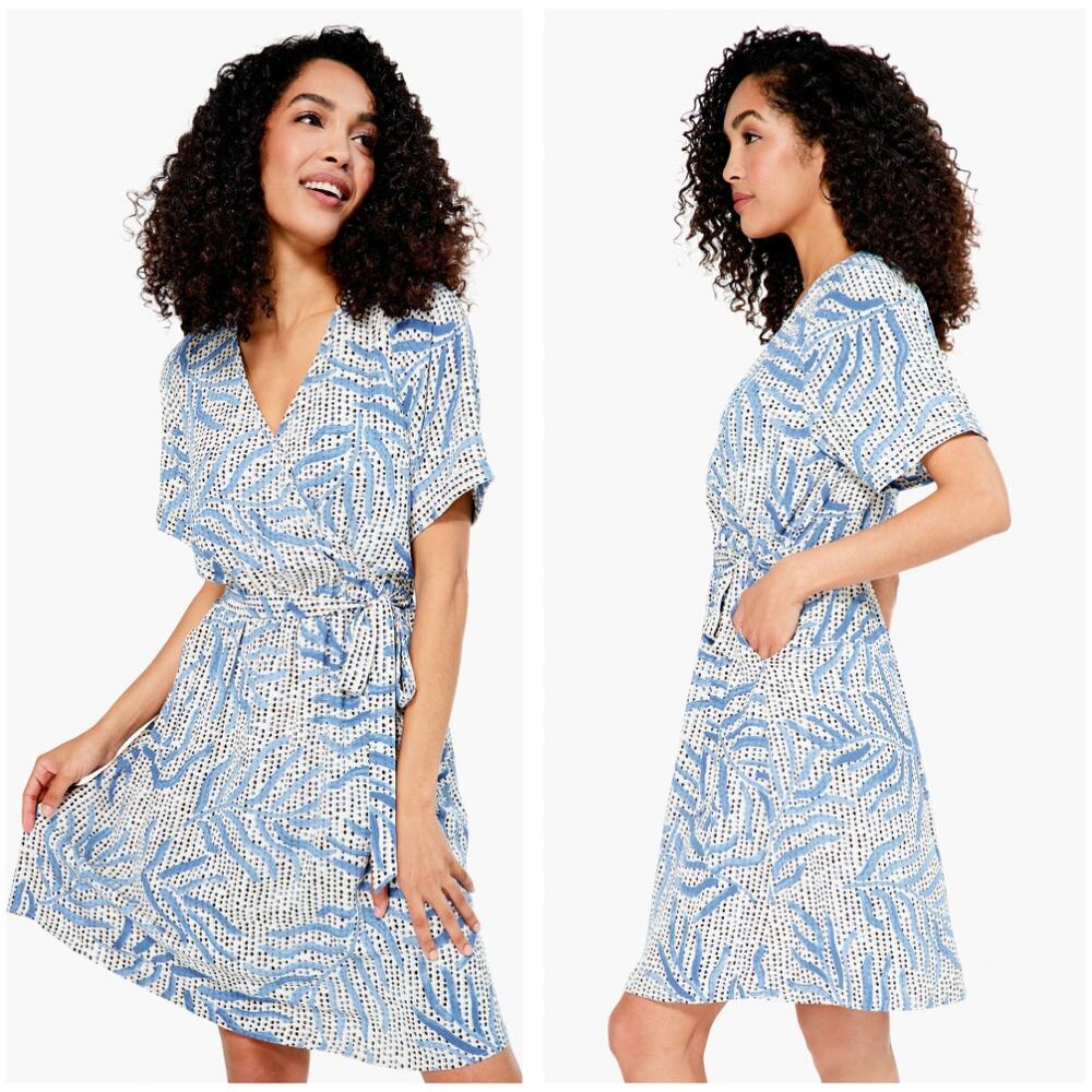 NIC + ZOE Palm Dot Blue Multi Wrap-Style Pullover Tropical Dress | Medium - Picture 6 of 10